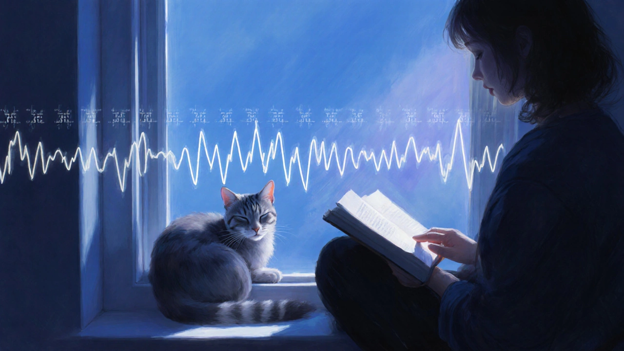 Кошка уютно свернулась рядом с человеком, глаза прикрыты, атмосфера доверия и покоя.