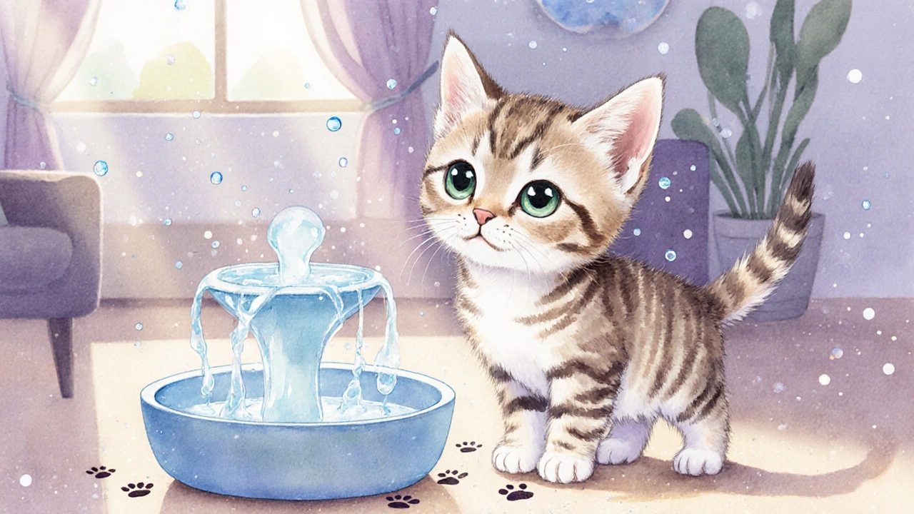 Котенок интересуется водяным фонтанчиком с брызгами воды.