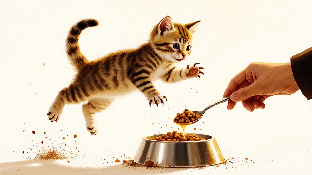 Котёнок прыгает к миске с едой, лапы в воздухе.
