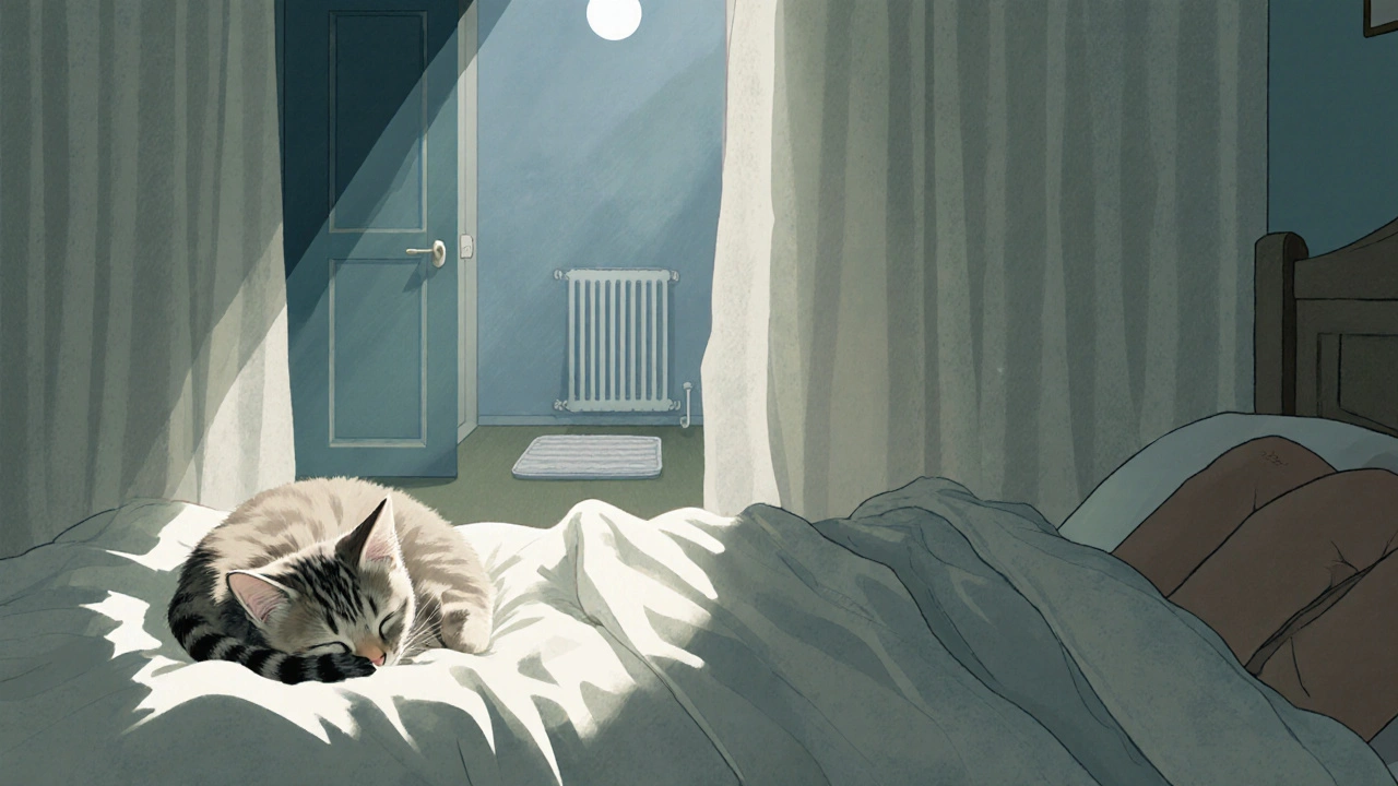 Котенок спит, прижавшись к ноге человека под одеялом, в спокойной спальне при лунном свете.