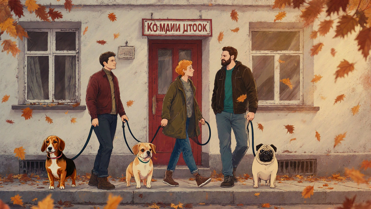 Люди гуляют с маленькими собаками у дома в осеннем городе, собаки спокойно идут рядом.