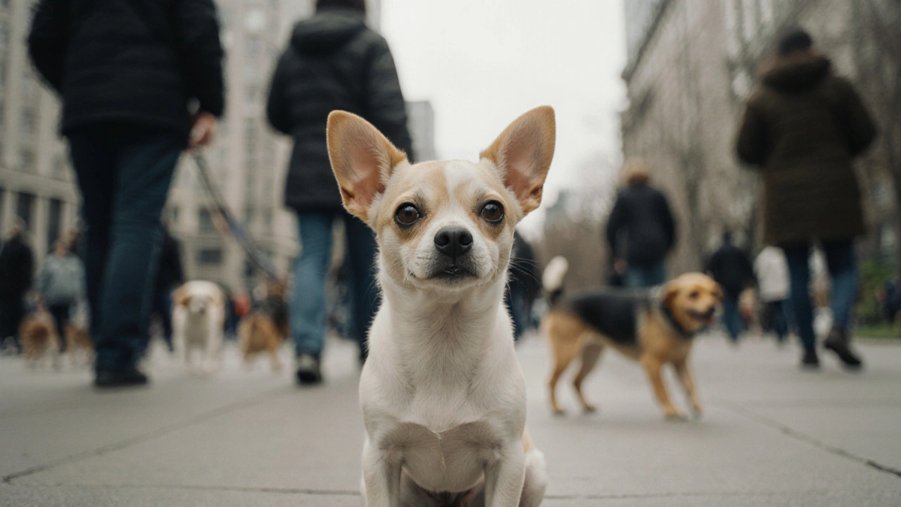 Маленькая собачка реагирует на команду HUP среди шумного парка.