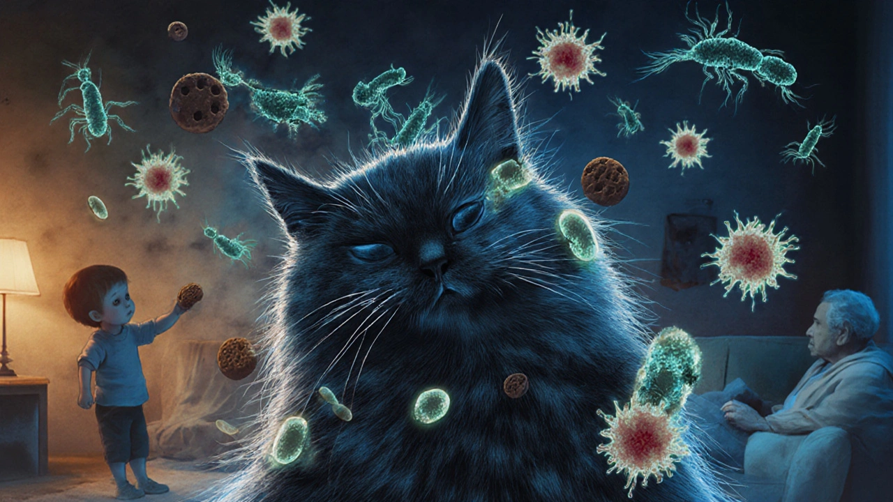 Микроскопический вид бактерий и спор грибков на шерсти кошки, фон — домашний интерьер.