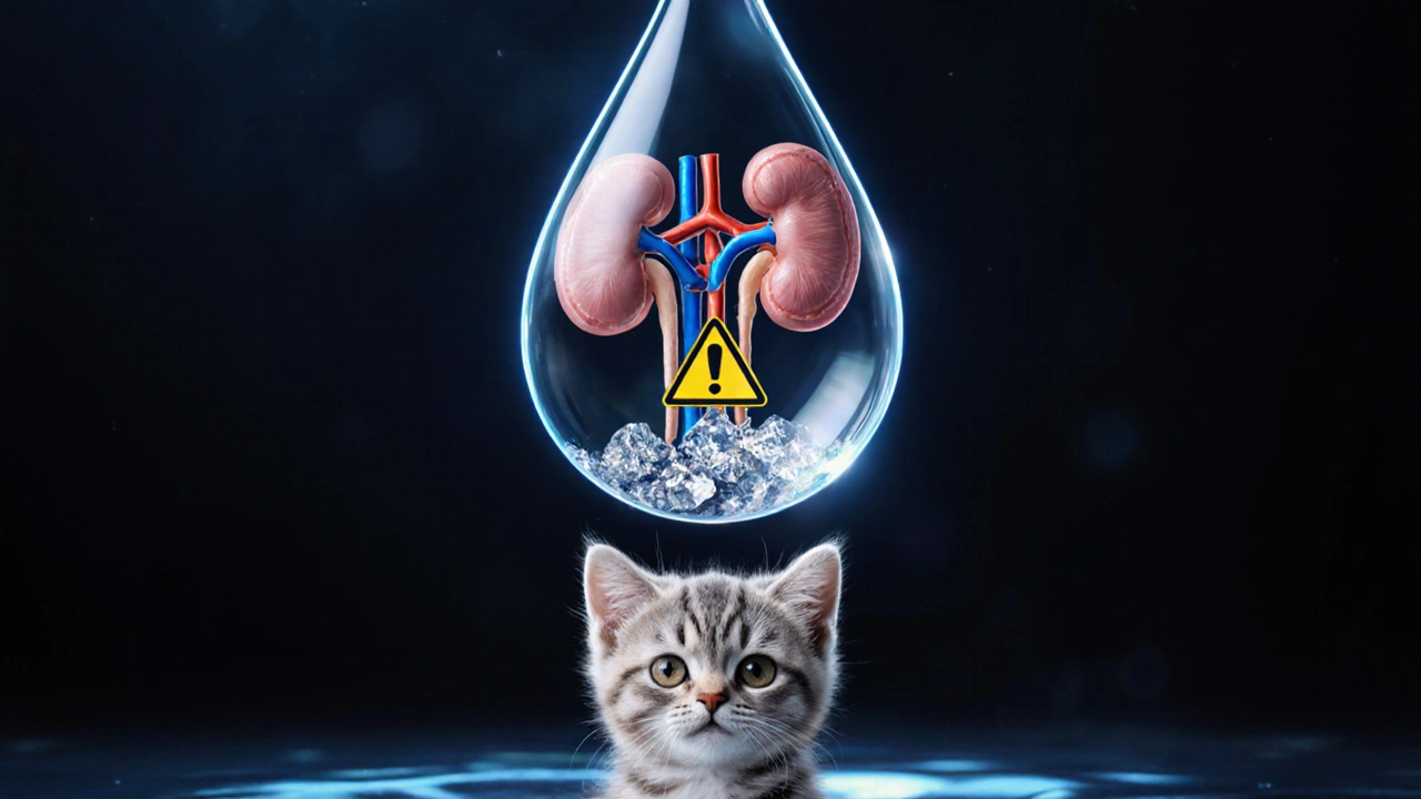 Прозрачная капля воды с изображением почек и кристаллов над котенком.