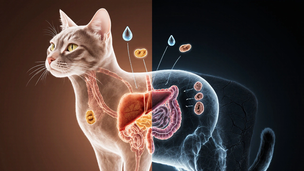 Прозрачное изображение кошачьего тела с выделенными органами и порциями корма с водой.