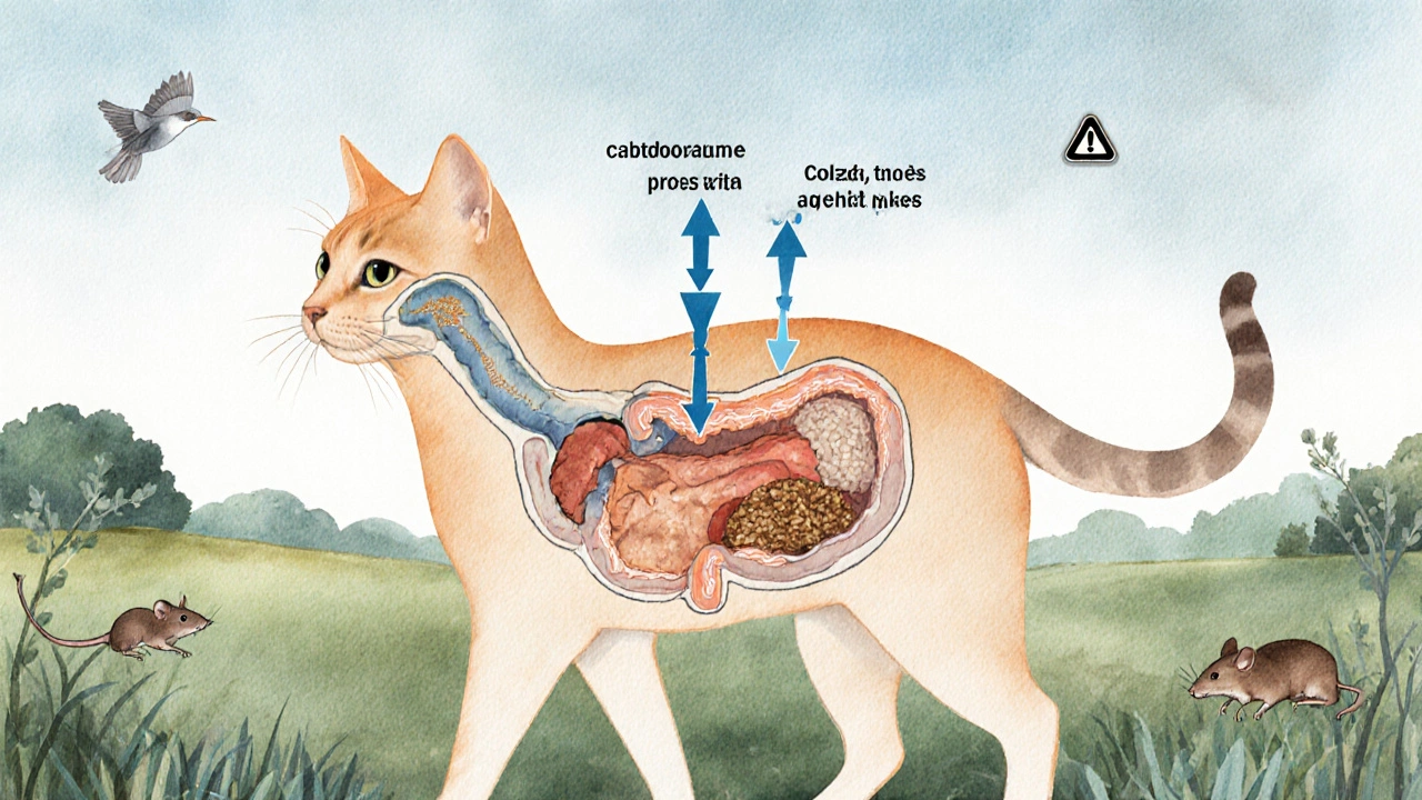 Прозрачный силуэт кошки с графиком пищеварения: углеводы проходят мимо, белки усваиваются.