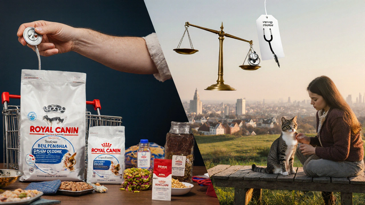 Разделённая сцена: богатый покупатель vs семья в малом городе — обе с кормом Royal Canin, но разными жизненными контекстами.
