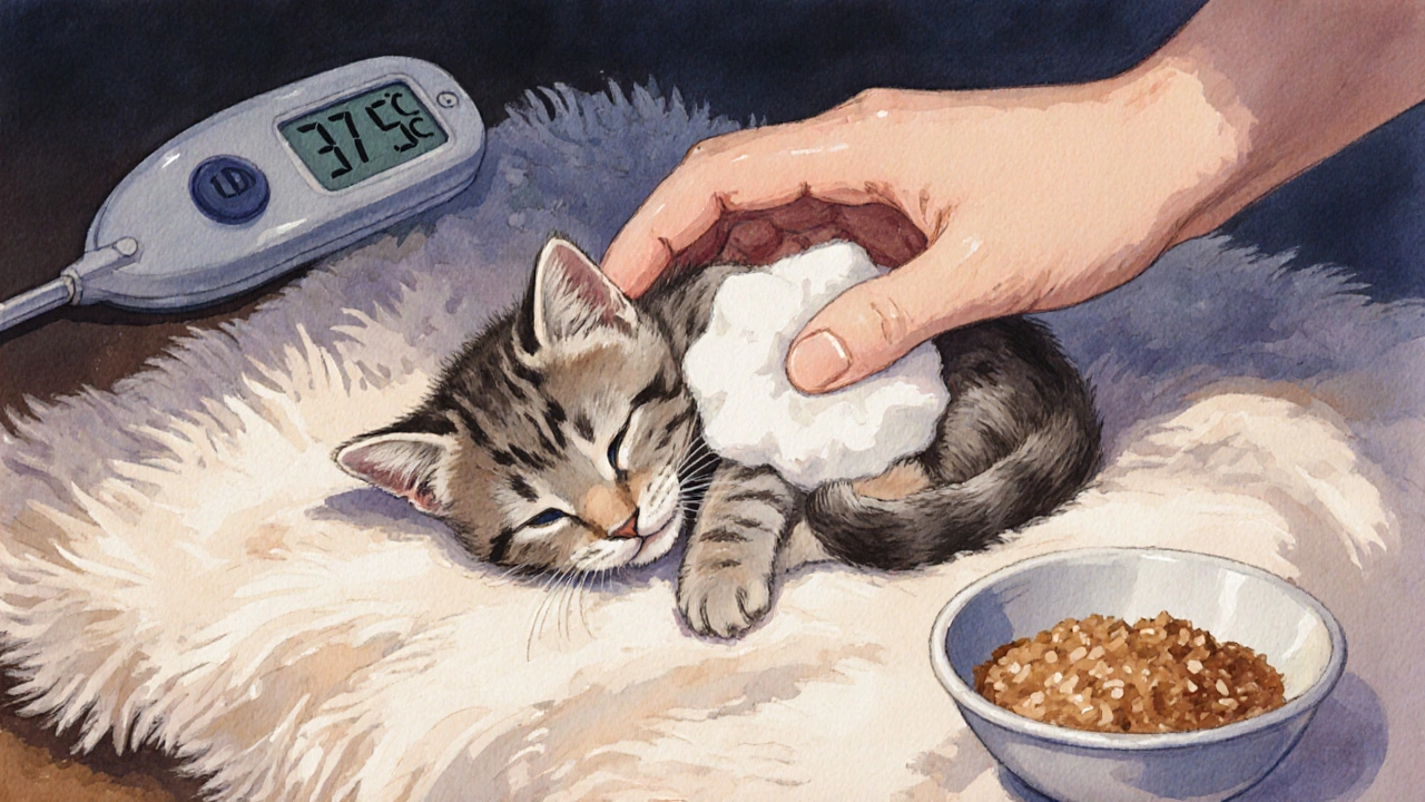 Рука мягко массирует живот и область анального отверстия котёнка ватным диском после кормления.