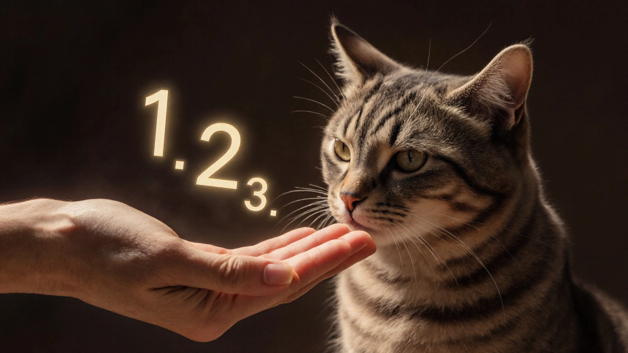 Рука медленно протянута к кошке, в воздухе видны светящиеся цифры 1...2...3.