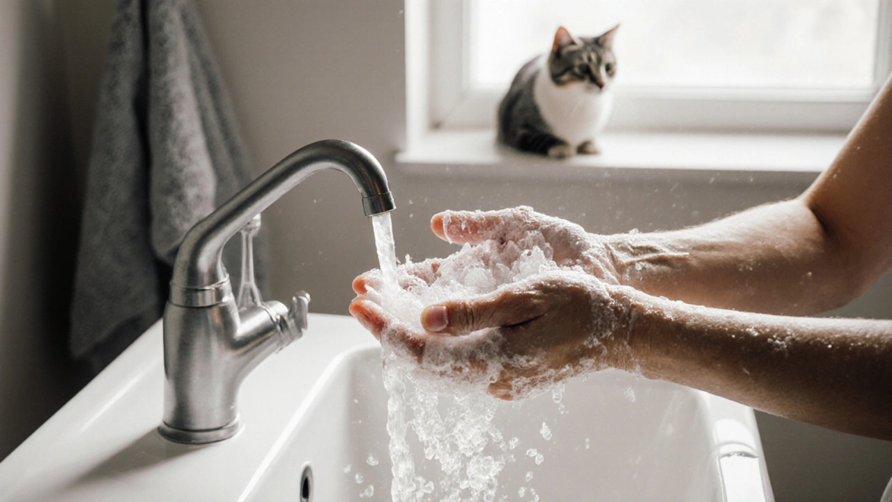 Руки моются под водой, с мыльными пузырями, сквозь которые видны тени следов лапы кошки.