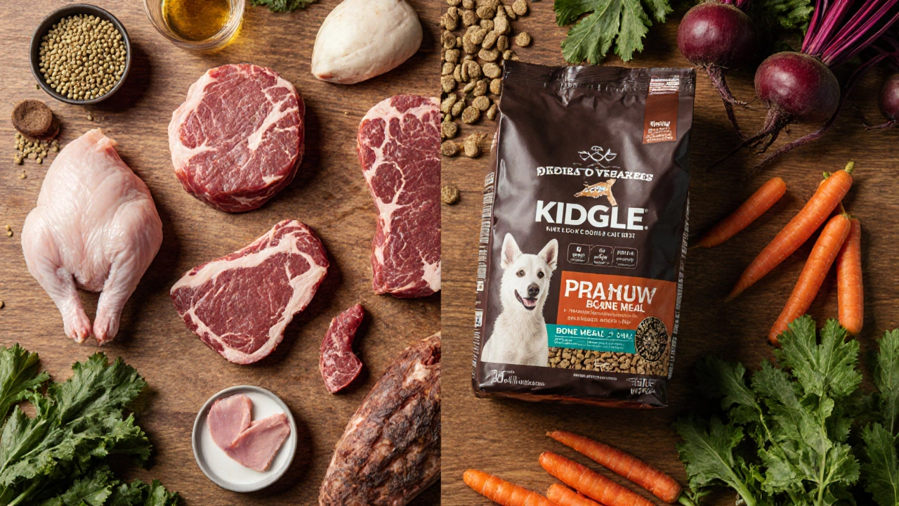 Сбалансированный рацион охотничьей собаки: мясо, субпродукты, овощи и качественный корм.