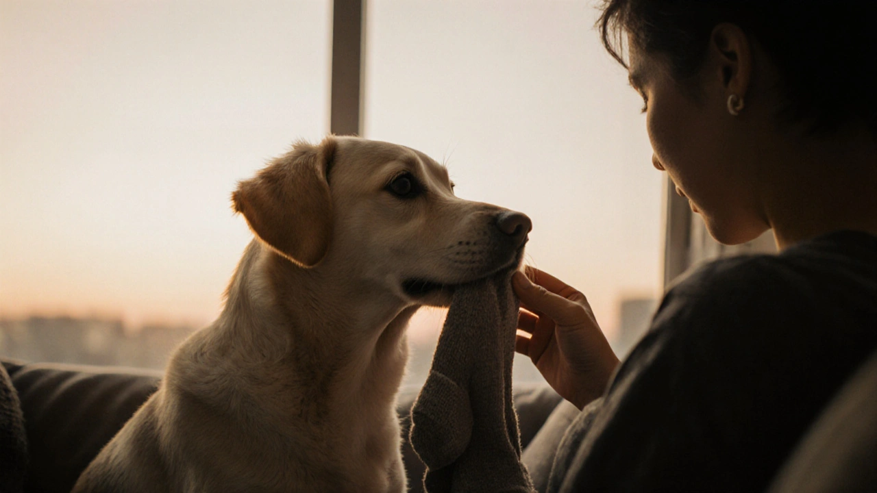 Щенок смотрит в глаза человеку, держа игрушку, тихая связь между ними.