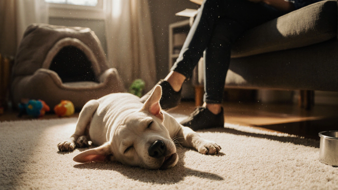 Щенок спит рядом с человеком, расслабленный и доверяющий, вечерний свет в комнате.