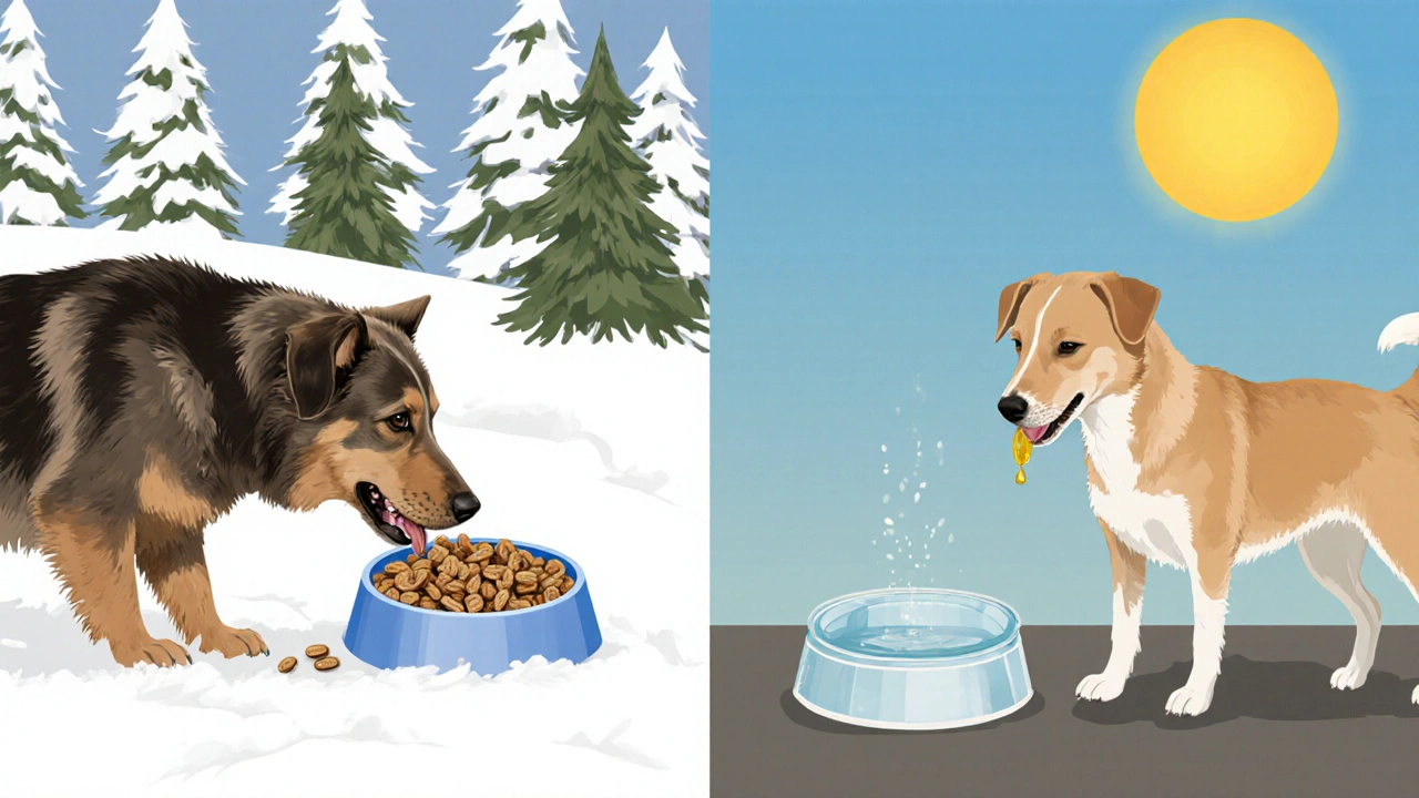 Сезонные изменения в питании охотничьей собаки: зимой больше еды, летом — меньше.