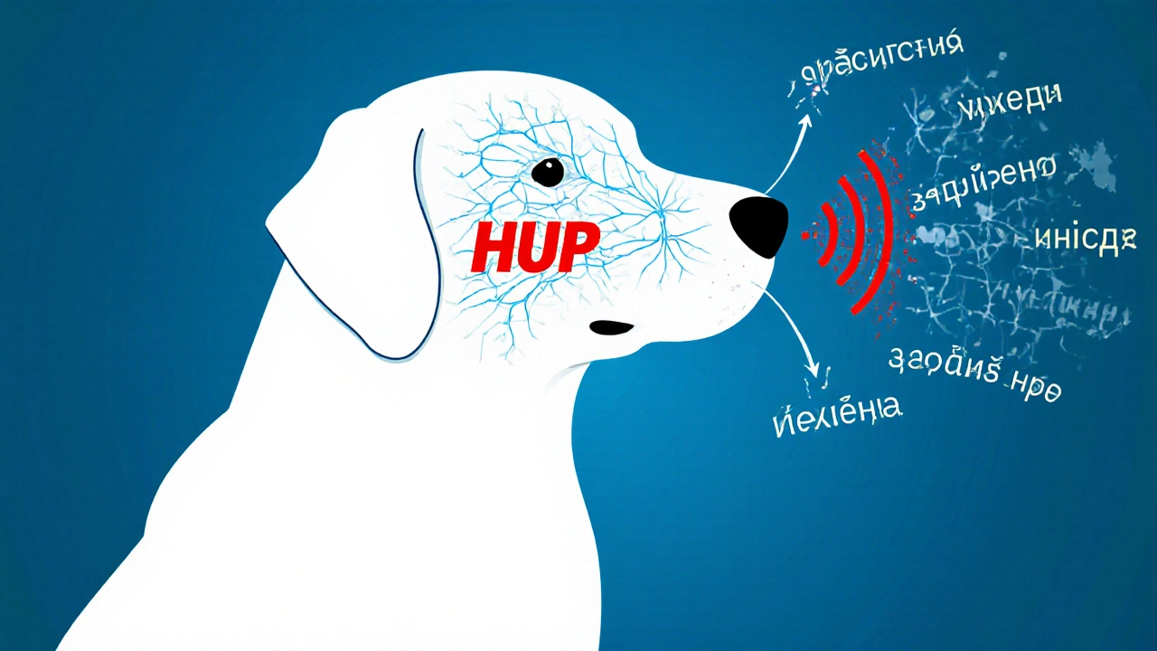 Схема мозга собаки: команда HUP вызывает мгновенную реакцию, другие слова игнорируются.