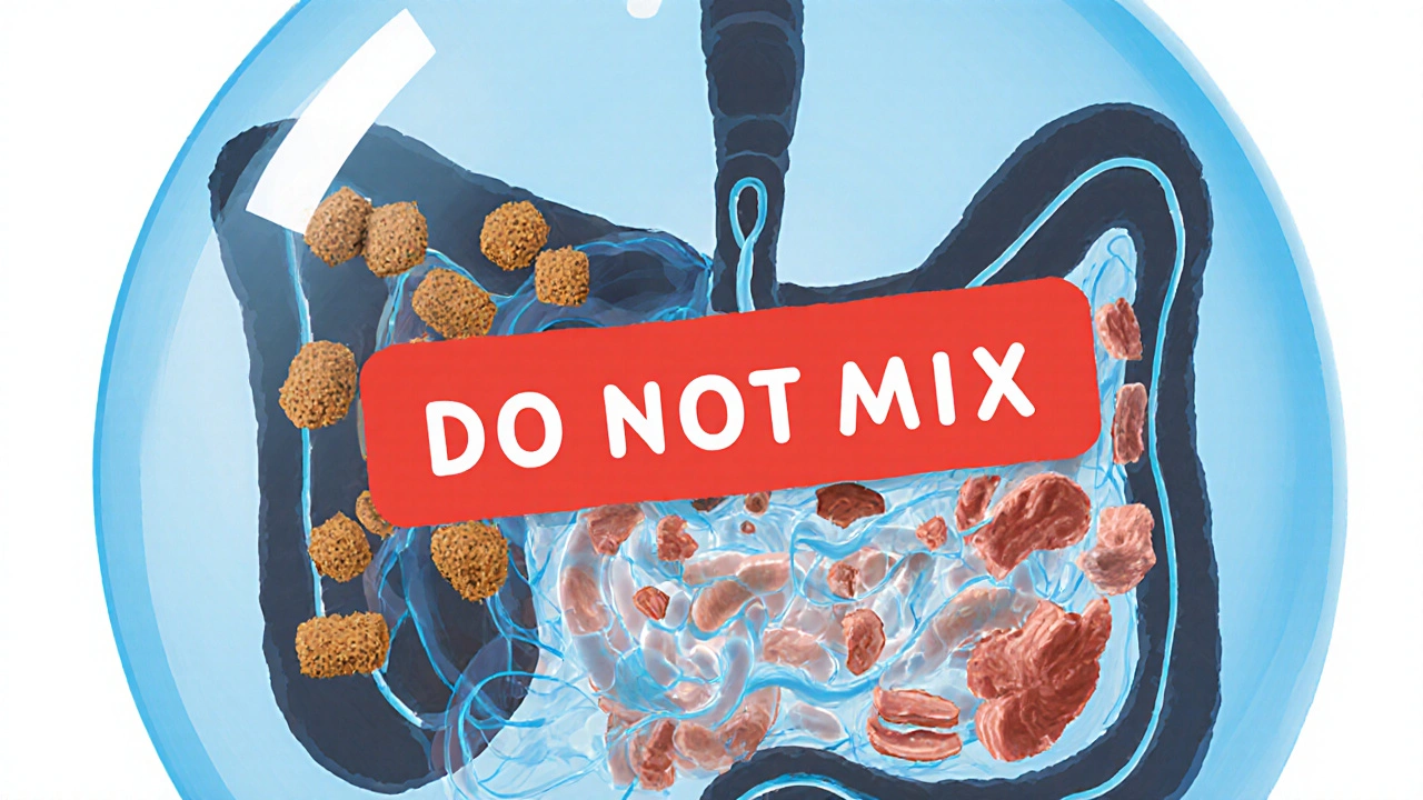 Схема пищеварительной системы кошки с разделением типов пищи красной линией.