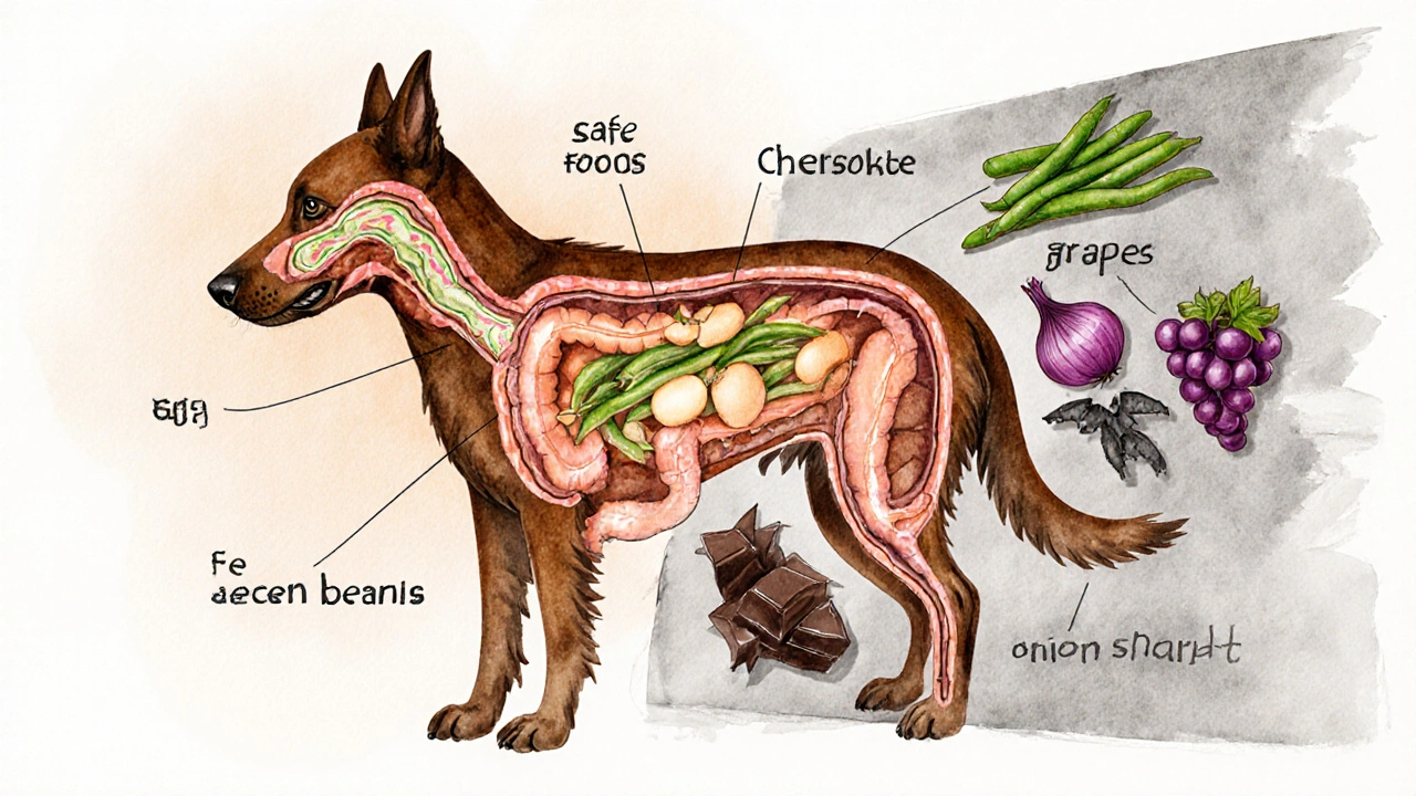 Схема пищеварительной системы собаки: полезные продукты светятся, а токсичные — черные и разрушительные.