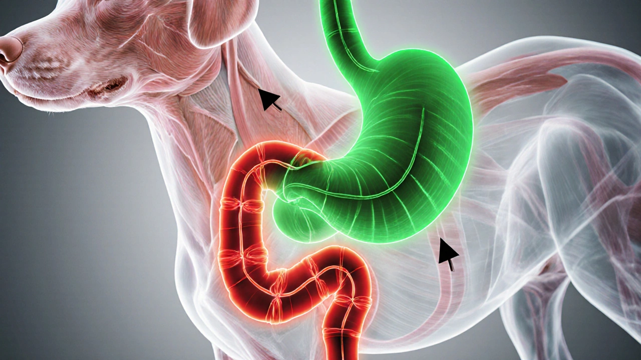 Схема внутренних процессов собаки после прогулки: кровоток направляется к желудку.