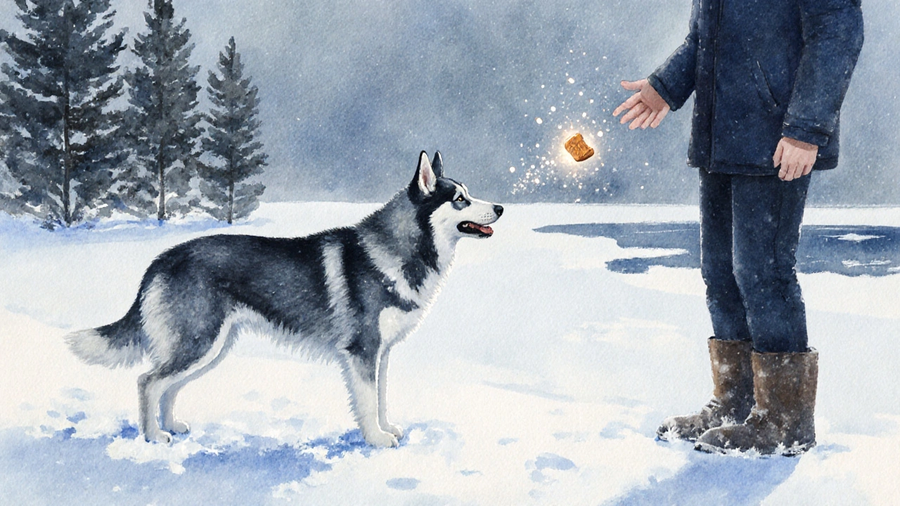 Сибирская лайка резко останавливается на снегу, хозяин подает лакомство за команду &#039;Тик-тик!&#039;