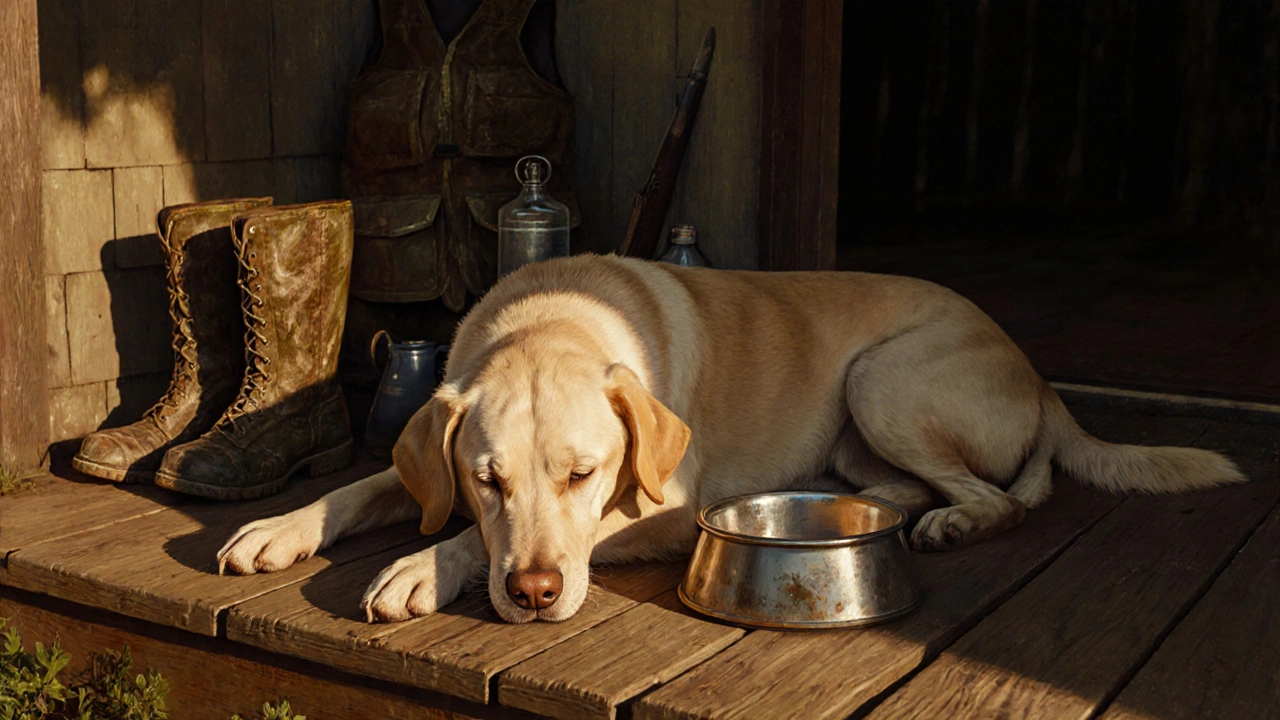 Собака отдыхает после охоты на веранде, рядом миска и водяной фляга.