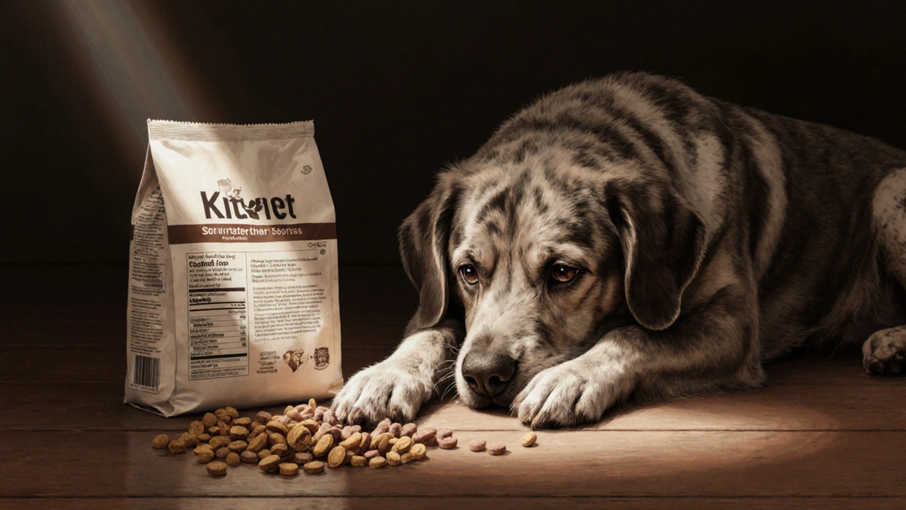 Собака с тусклой и выпадающей шерстью смотрит на корм с кукурузой и соей в составе.
