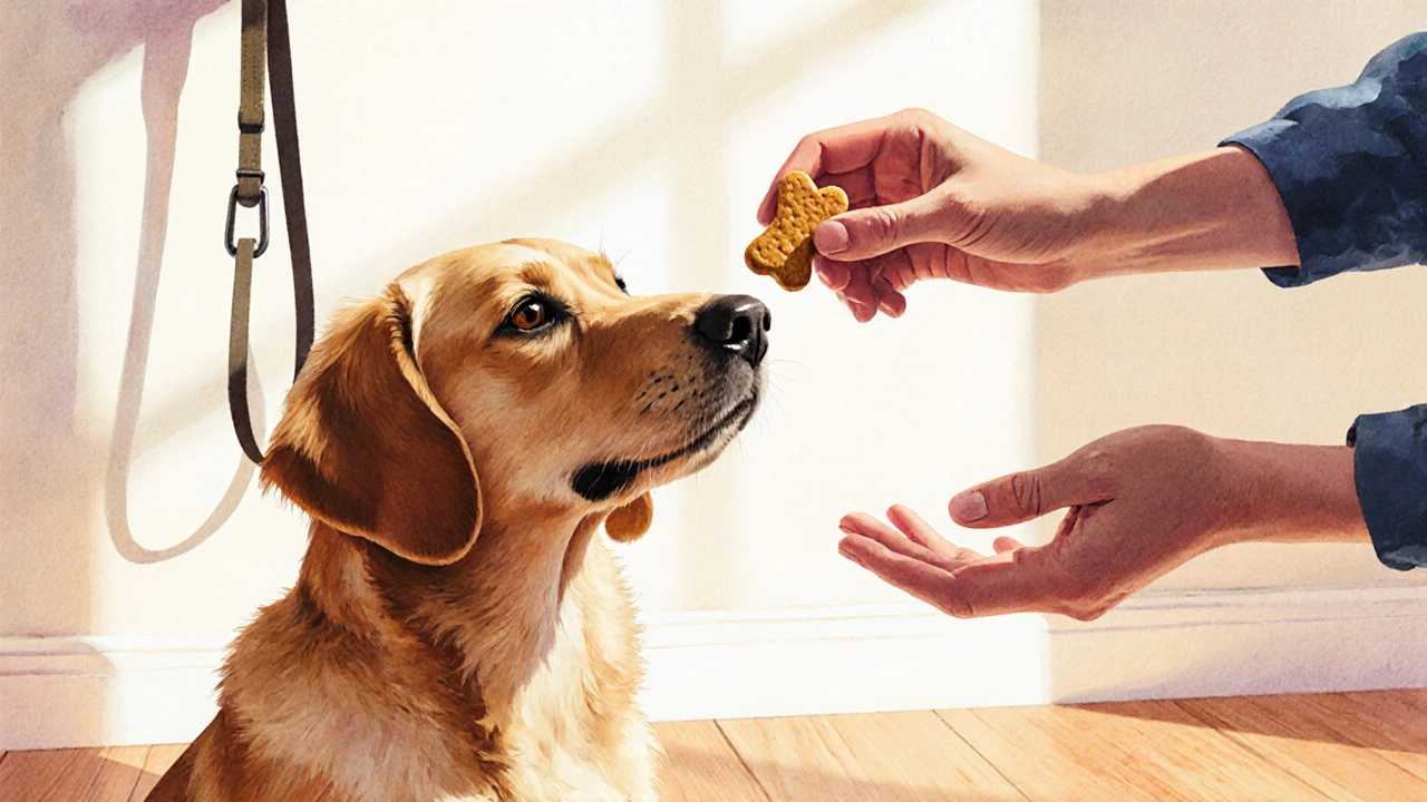 Собака сидит, глядя на лакомство, которое поднимают над её головой.