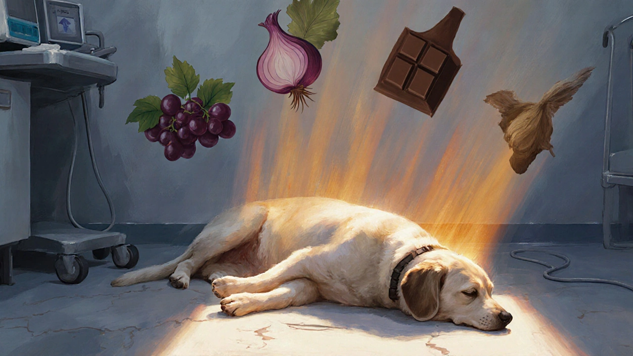 Собака слабо лежит в ветеринарной клинике, вокруг — призрачные образы запрещенных продуктов.