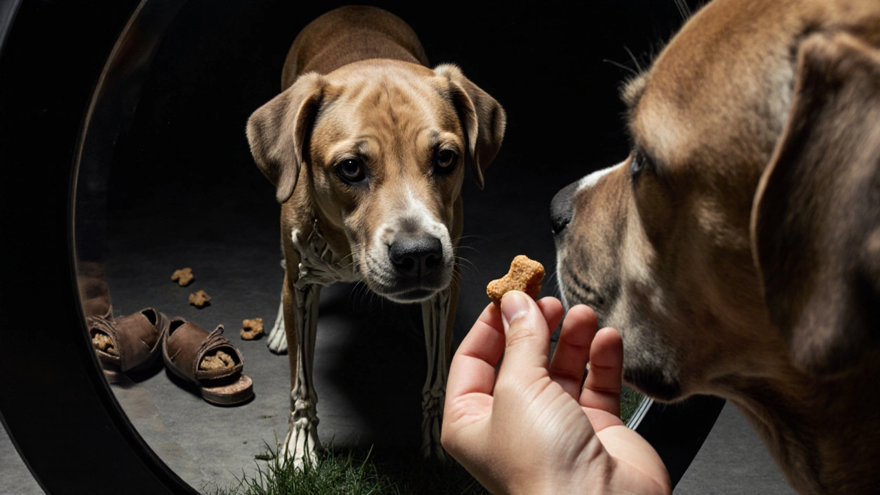 Собака смотрит на лакомство, но в зеркале виден её истощённый скелет и тени несъедобных предметов.