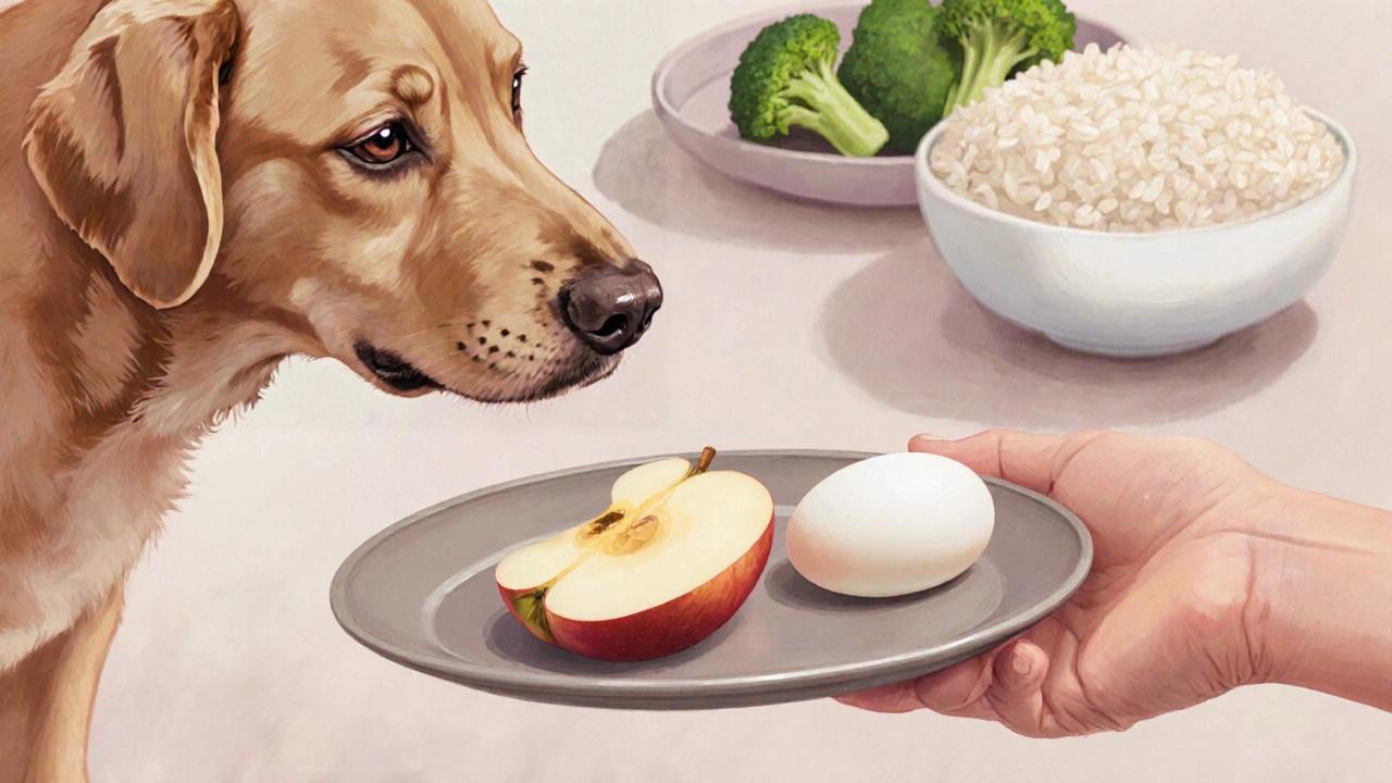 Собака смотрит на предложенное яблоко и варёное яйцо