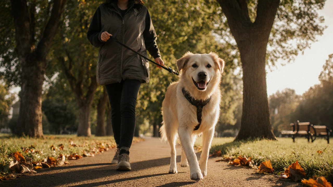 Собака спокойно идёт рядом с хозяином на коротком поводке.