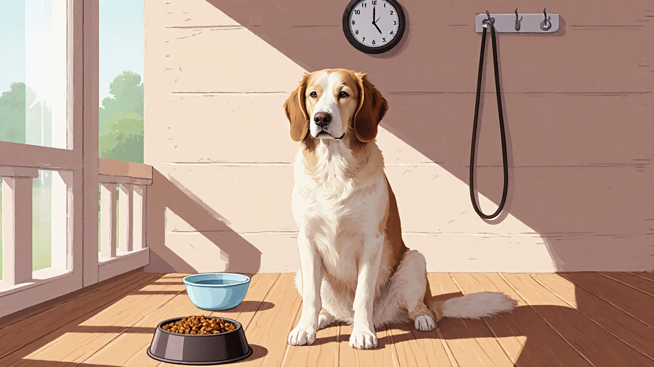 Собака спокойно сидит у миски на веранде утром, время на часах 7:45.