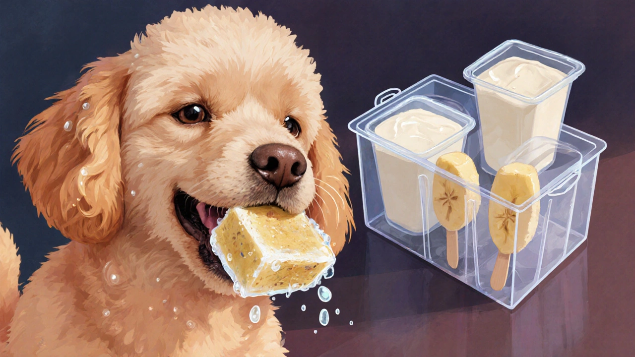 Собака жует замороженный кусочек банана как леденец.