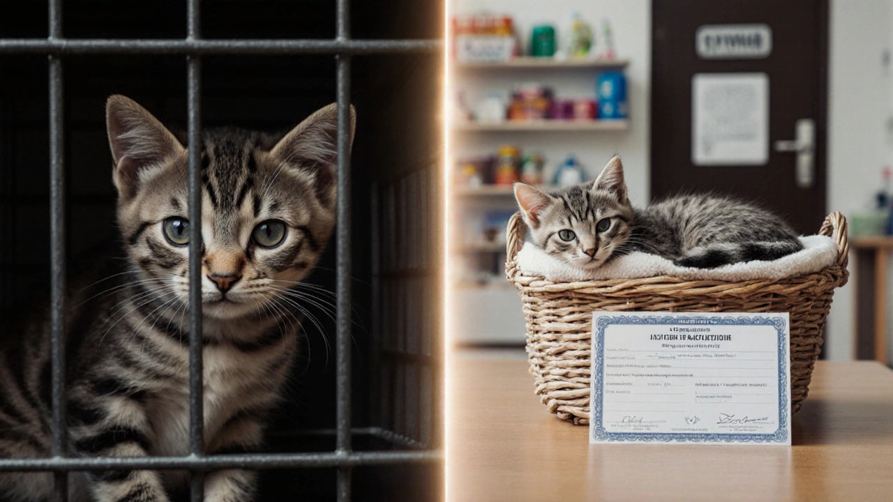 Сравнение: больной котёнок в клетке и здоровый — с ветеринарными документами.