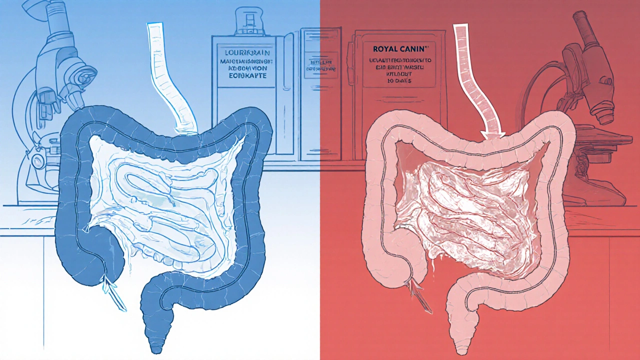 Сравнение двух кошачьих мочевыводящих путей: один здоровый с кормом Royal Canin, другой с кристаллами от дешевого корма.