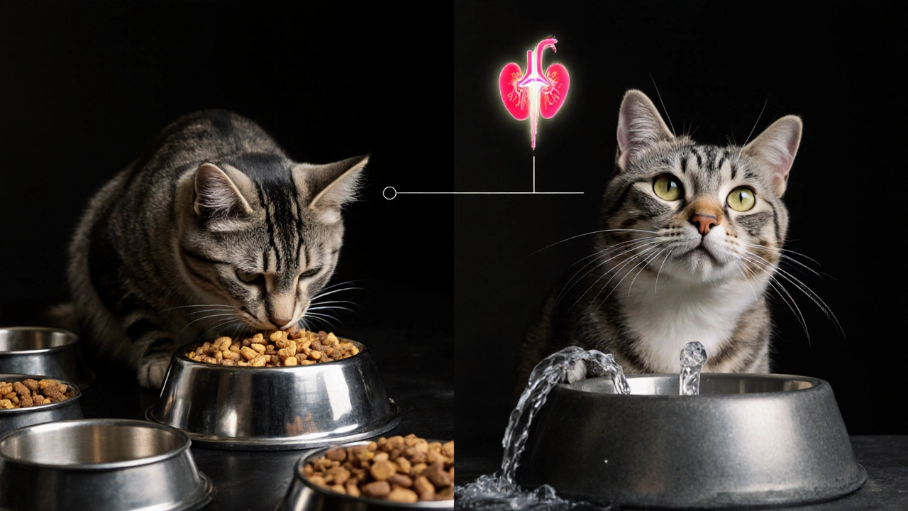 Сравнение: слева — кот с тусклой шерстью и сухим кормом, справа — тот же кот с блестящей шерстью и влажным кормом, рядом — фонтанчик.