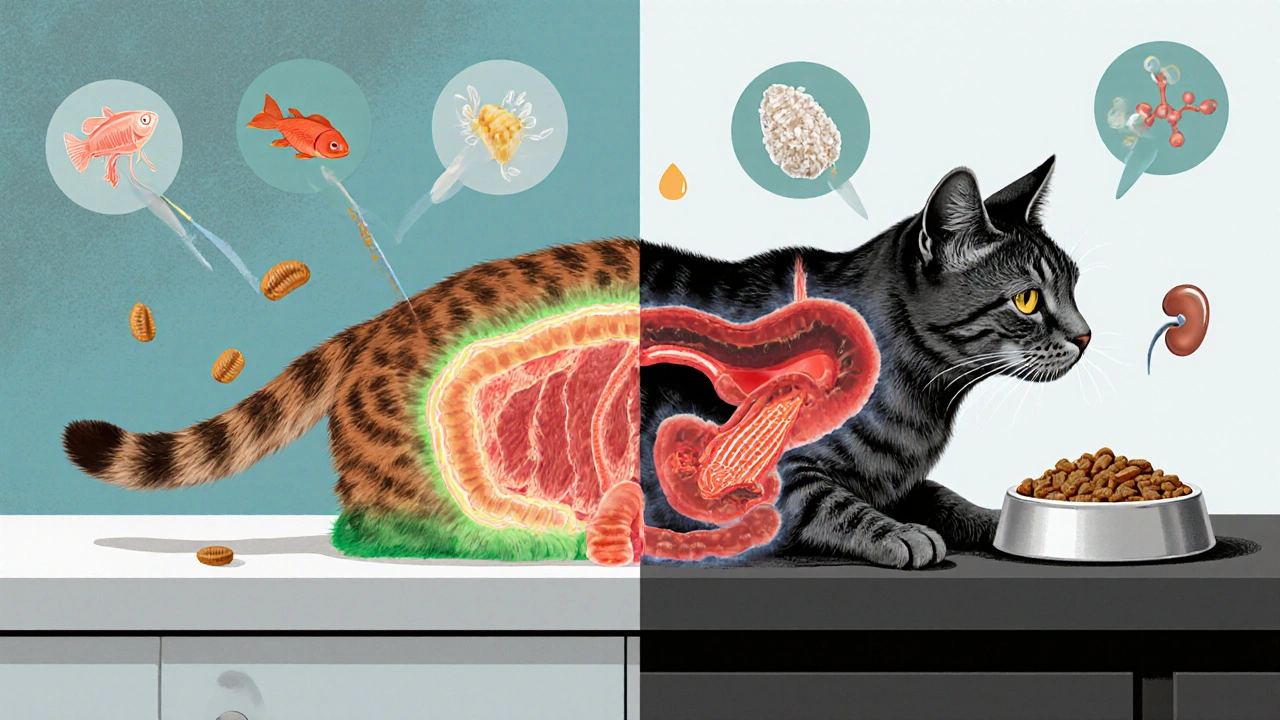 Сравнение здорового и больного пищеварения кошки: с одной стороны — высокомясной корм, с другой — корм с кукурузой и вредными наполнителями.