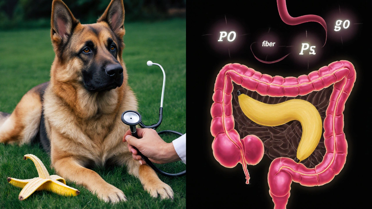 Ветеринар осматривает крупную собаку, рядом лежит банановая кожура.