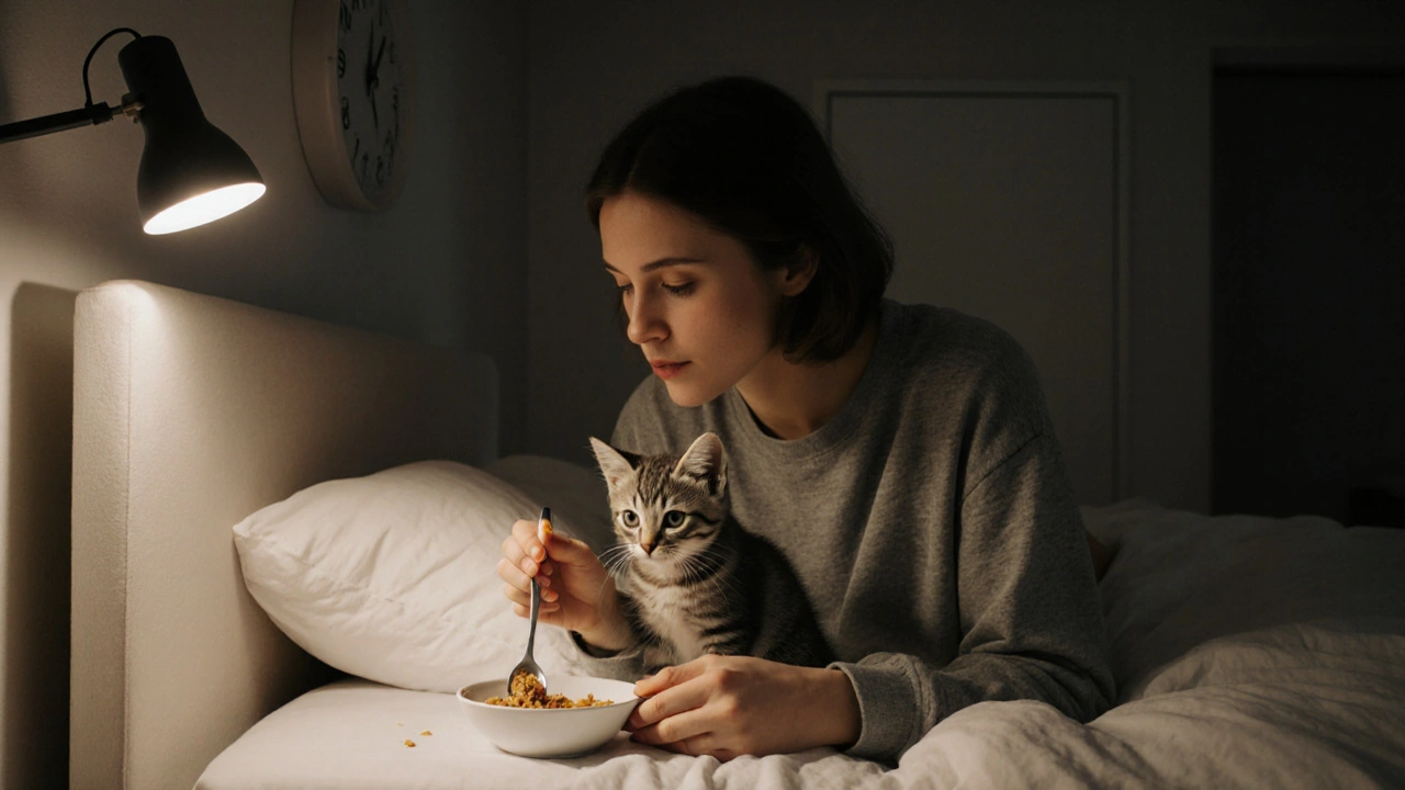 Владелец кормит котенка ложкой влажного корма ночью при тусклом свете ночника.