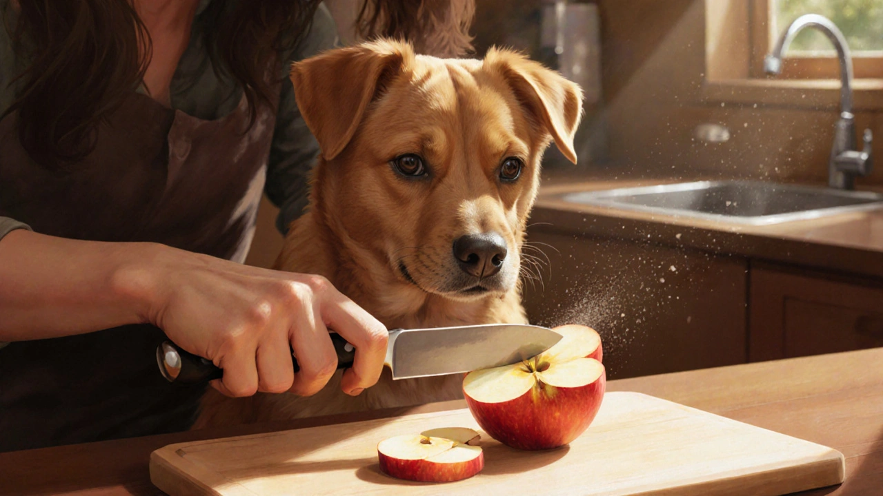 Владелец нарезает яблоко на мелкие кусочки для собаки на кухне.