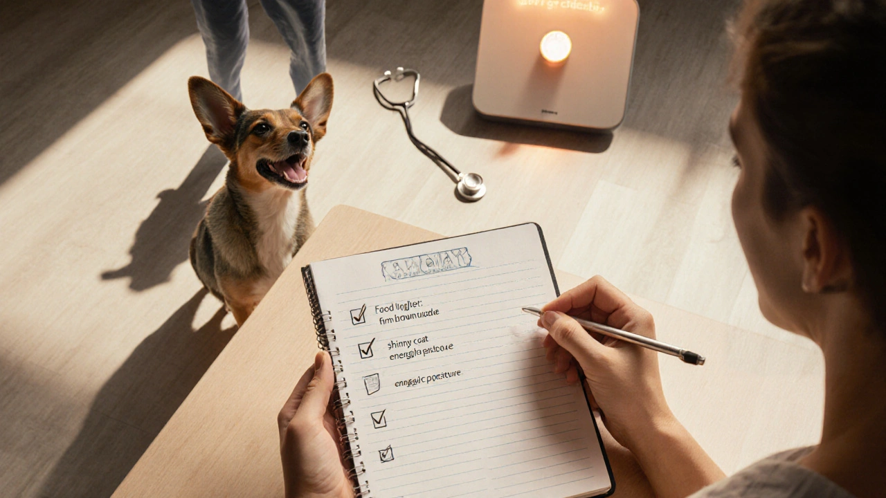 Владелец с дневником питания и тремя признаками здоровой собаки: кал, шерсть и энергия — тень человека с едой с стола исчезает.