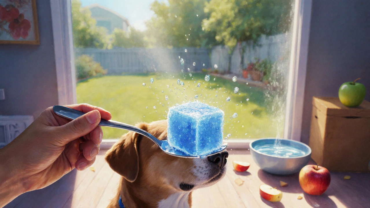 Замороженный кубик яблока на ложке для собаки в летний день.