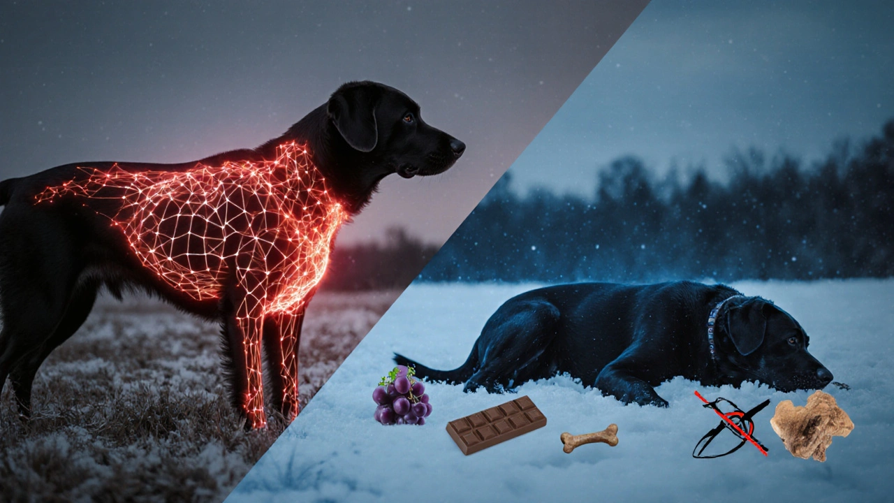 Здоровая собака с энергетическими линиями против слабой собаки с запрещёнными продуктами.