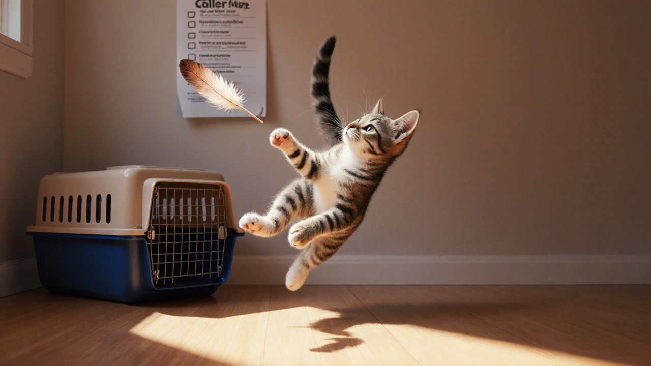 Живой котёнок играет с перышком в солнечном углу комнаты.