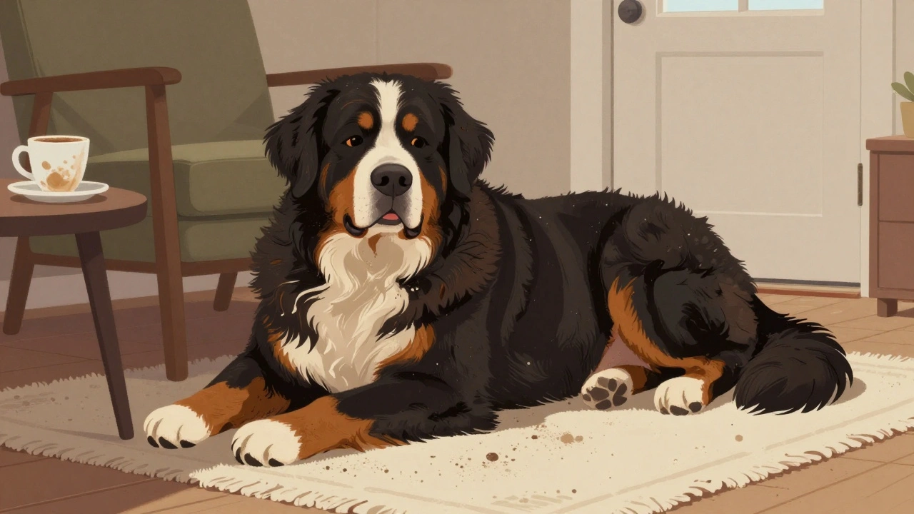 Бернский зенненхунд спокойно лежит на ковре в гостиной рядом с креслом.