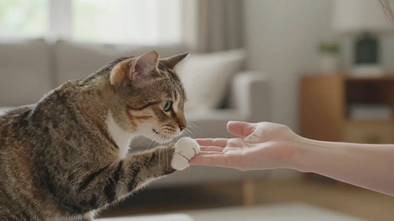 Человек протягивает руку, кошка осторожно приближается, выражение спокойного доверия.