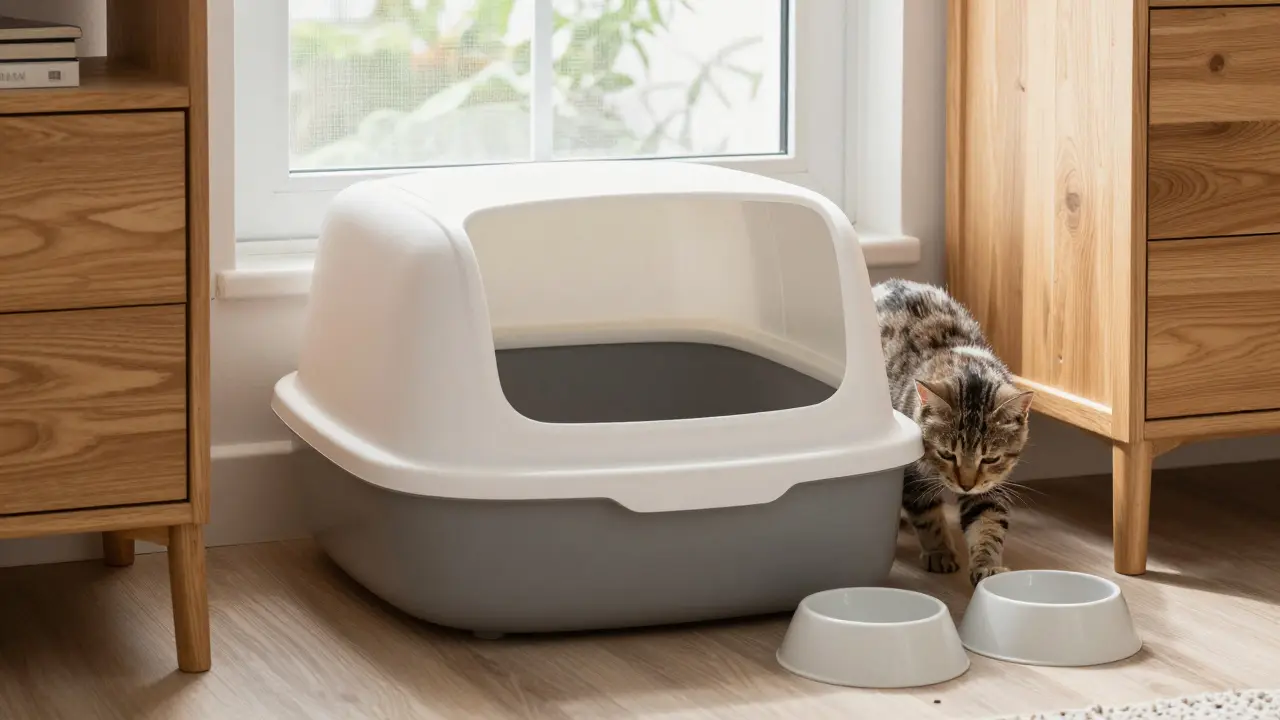 Чистый лоток для кошки, расположенный подальше от мисок, с видимой защитной сеткой на окне.