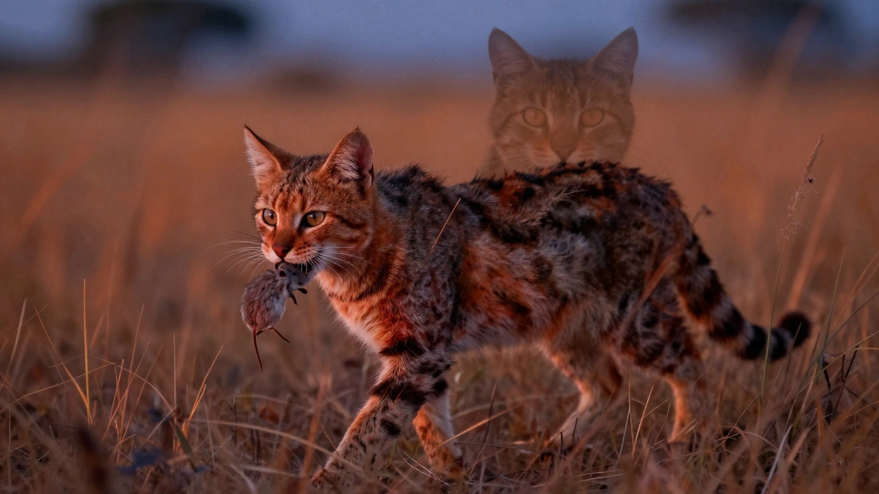 Дикая африканская кошка с мышью в зубах в высокой траве на закате.