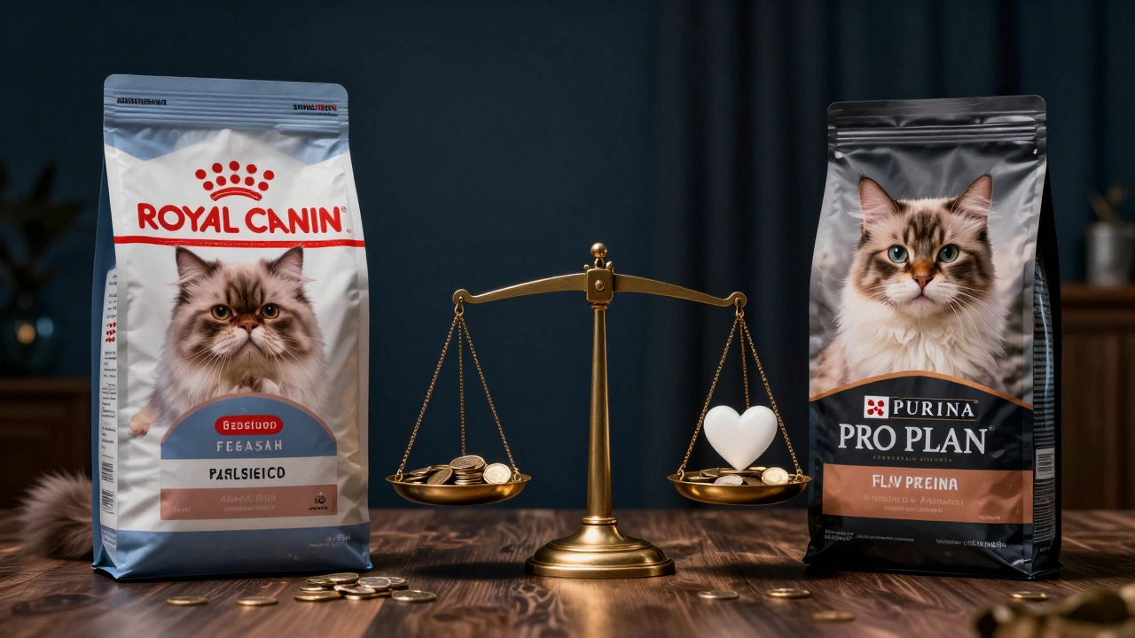 Две кошки: персидская с блестящей шерстью и обычная кошка, рядом — корма Royal Canin и Purina Pro Plan, баланс между ценой и эффективностью.