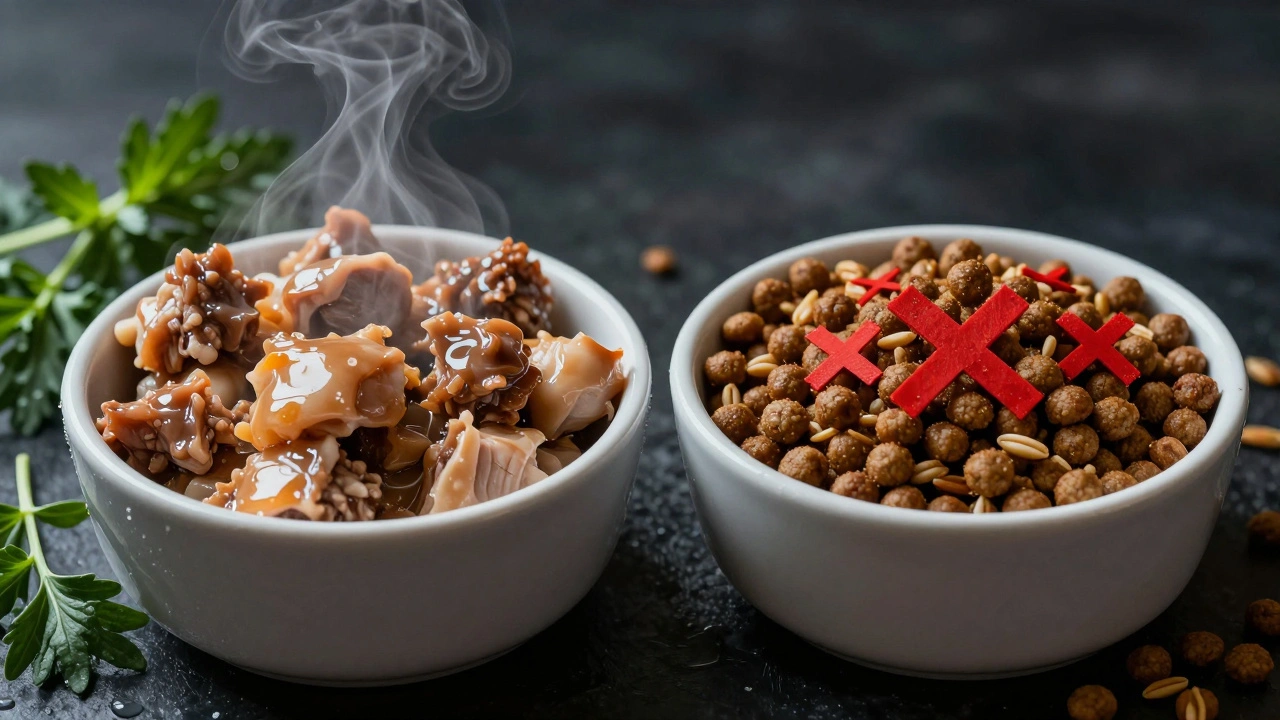 Две миски: одна с мясной консервой, другая с сухим кормом — контраст здоровой и вредной еды.