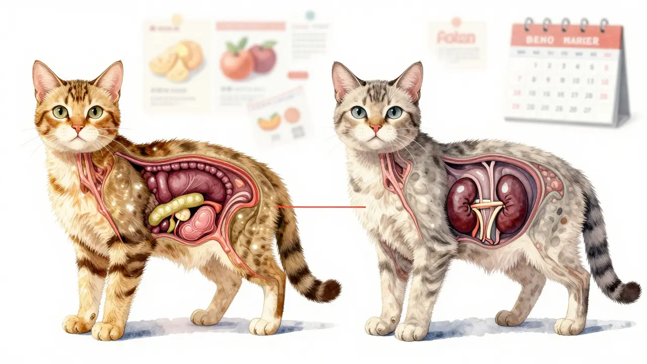 Художественное изображение кошки, меняющейся от молодой до старой из-за неправильного питания.